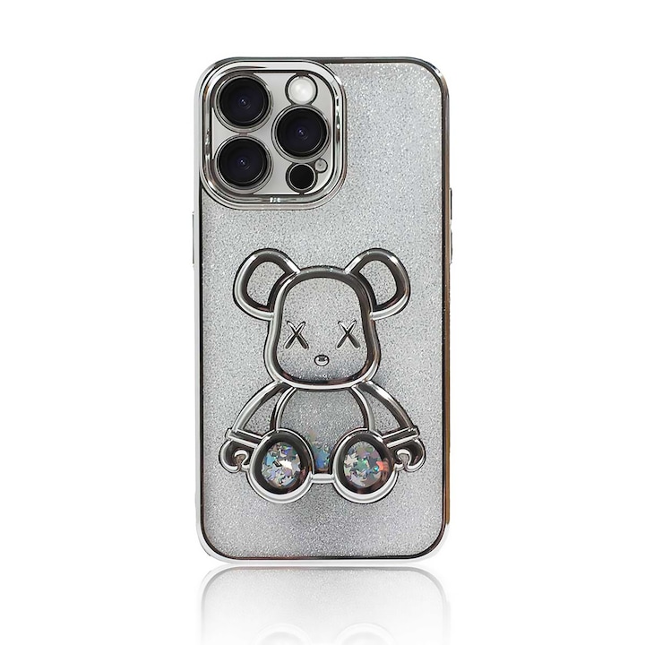 Husa de protectie compatibila Apple iPhone 15 Pro Max, Urs 3D, TPU, protectie camera, Argintiu