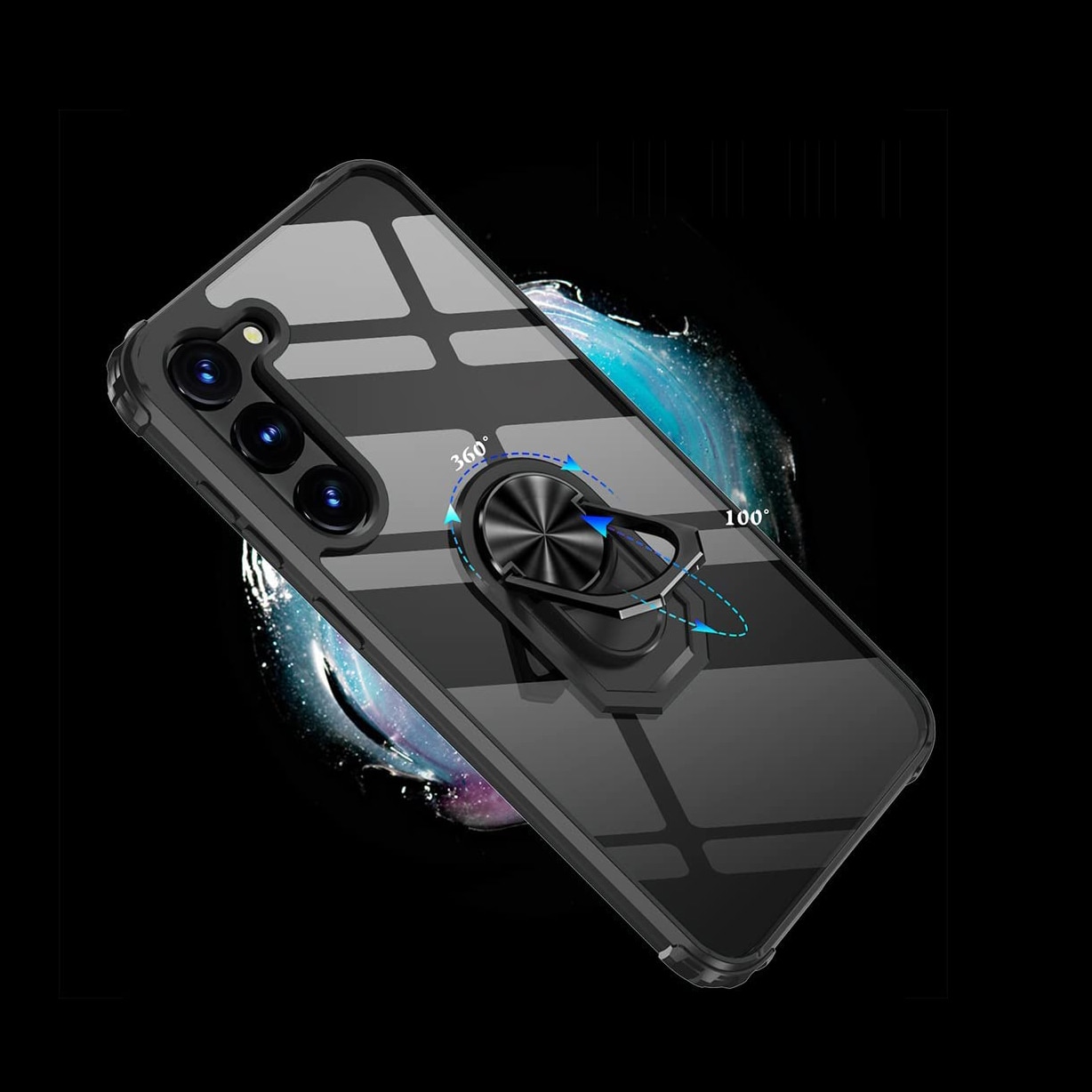 Husa de protectie pentru Samsung Galaxy S23 Plus, Hybrid Antisoc, Kickstand, Bumper inel rotativ 360, Negru/Transparent