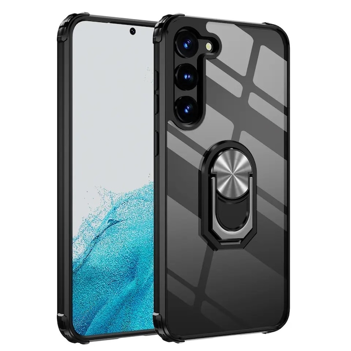 Husa de protectie pentru Samsung Galaxy S23 Plus, Hybrid Antisoc, Kickstand, Bumper inel rotativ 360, Negru/Transparent