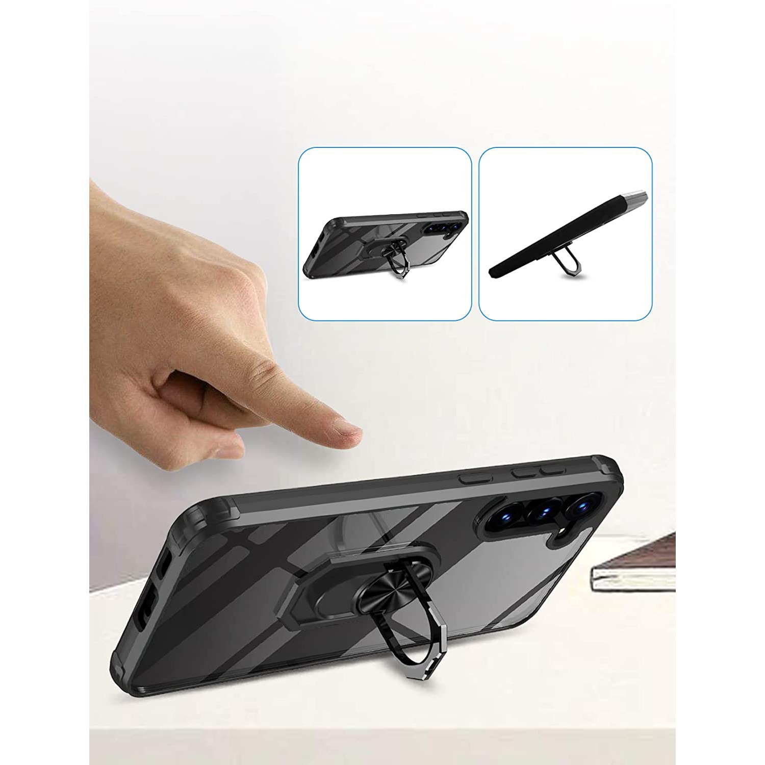 Husa de protectie pentru Samsung Galaxy S23 Plus, Hybrid Antisoc, Kickstand, Bumper inel rotativ 360, Negru/Transparent