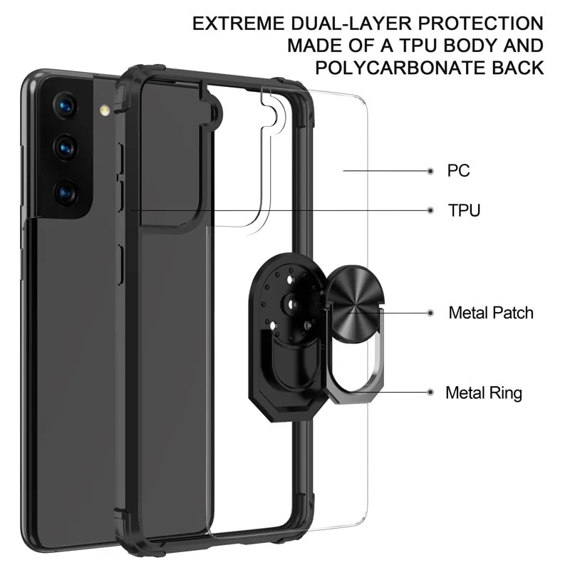 Husa de protectie pentru Samsung Galaxy S23 Plus, Hybrid Antisoc, Kickstand, Bumper inel rotativ 360, Negru/Transparent
