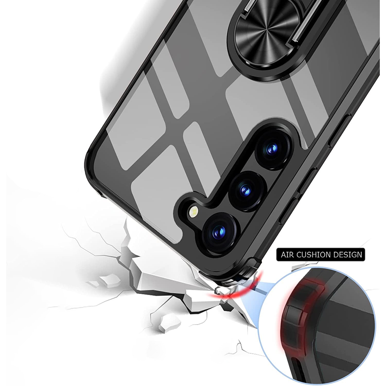 Husa de protectie pentru Samsung Galaxy S23 Plus, Hybrid Antisoc, Kickstand, Bumper inel rotativ 360, Negru/Transparent