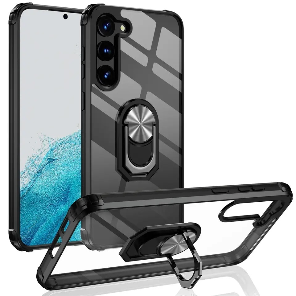 Husa de protectie pentru Samsung Galaxy S23 Plus, Hybrid Antisoc, Kickstand, Bumper inel rotativ 360, Negru/Transparent