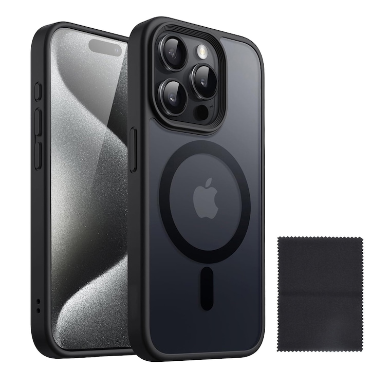 Husa De Protectie Pentru Iphone 15 pro max, Zggzerg, Magnetica, Cu carpa de curatare, Design slim, Cu decupaje camere, Margini ridicate, Anti-fall, Schockproof, Waterproof, Pentru incarcare wireless, TPU+PC, Negru