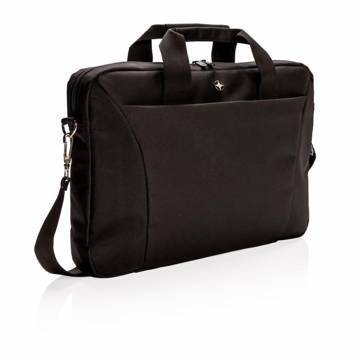 Geanta Laptop 15.4 inch, Swiss Peak by AleXer, poliester, negru, breloc inclus din piele ecologica si metal