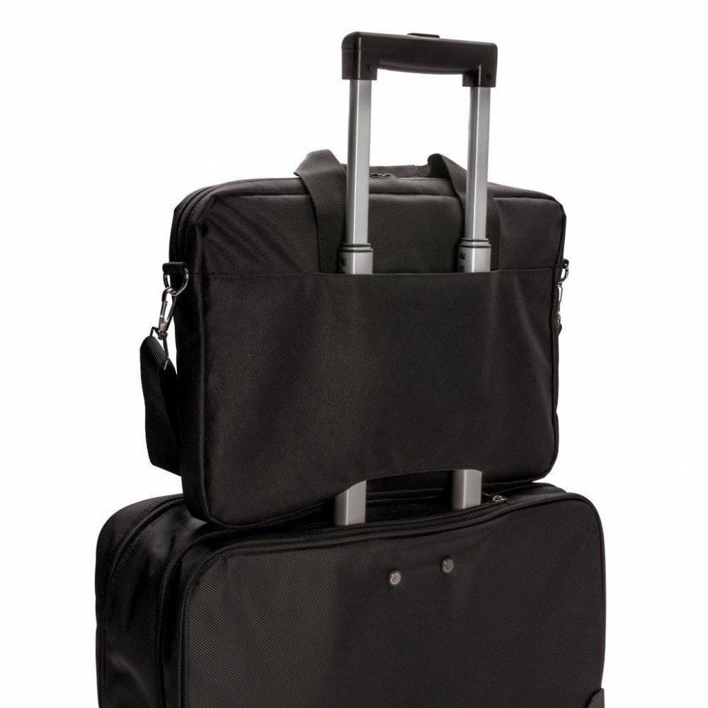 Geanta Laptop 15.4 inch, Swiss Peak by AleXer, poliester, negru, breloc inclus din piele ecologica si metal