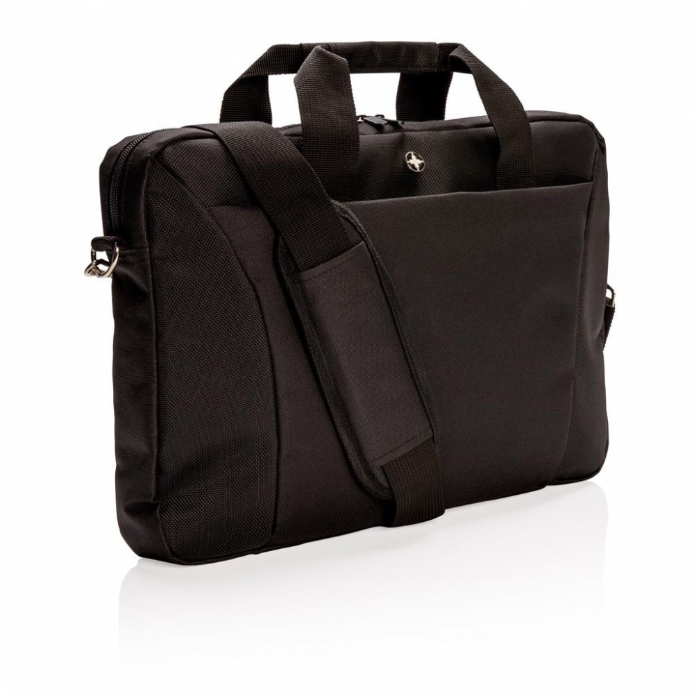 Geanta Laptop 15.4 inch, Swiss Peak by AleXer, poliester, negru, breloc inclus din piele ecologica si metal