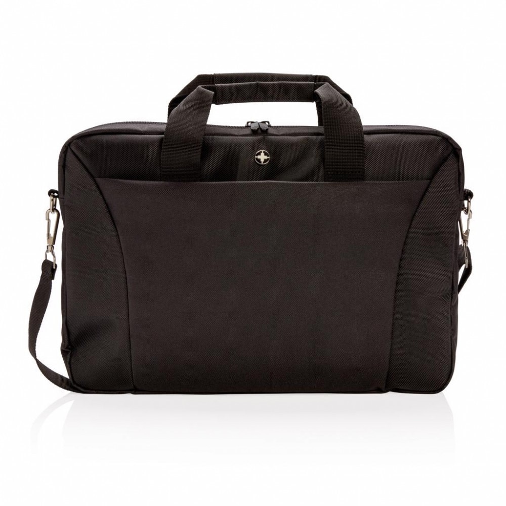 Geanta Laptop 15.4 inch, Swiss Peak by AleXer, poliester, negru, breloc inclus din piele ecologica si metal