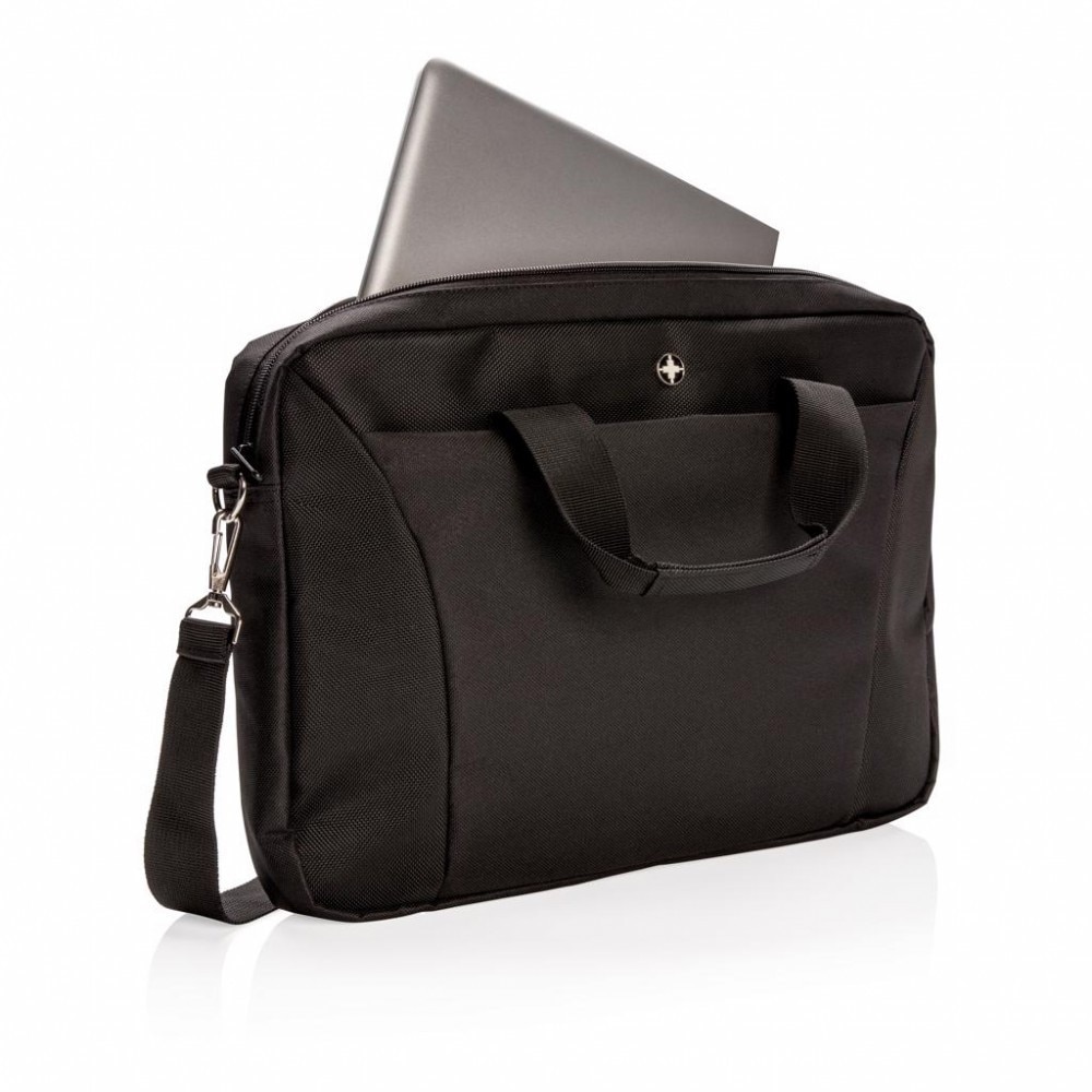 Geanta Laptop 15.4 inch, Swiss Peak by AleXer, poliester, negru, breloc inclus din piele ecologica si metal