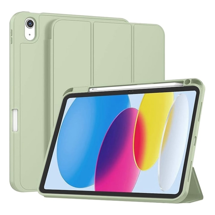 Husa tableta pentru iPad 10 (2022) 10.9 / 11 (2025), suport Pencil, functie Sleep/Wake, Flex Trifold, set cu sticker, Verde deschis