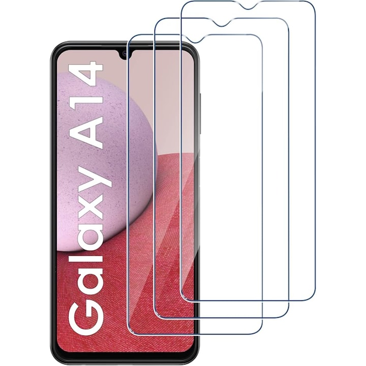 Set 3x Folie Sticla pentru Samsung Galaxy A14, Protectie profesionala ecran, Sticla securizata, Duritate militara, Anti zgarieturi, Anti socuri, Transparent