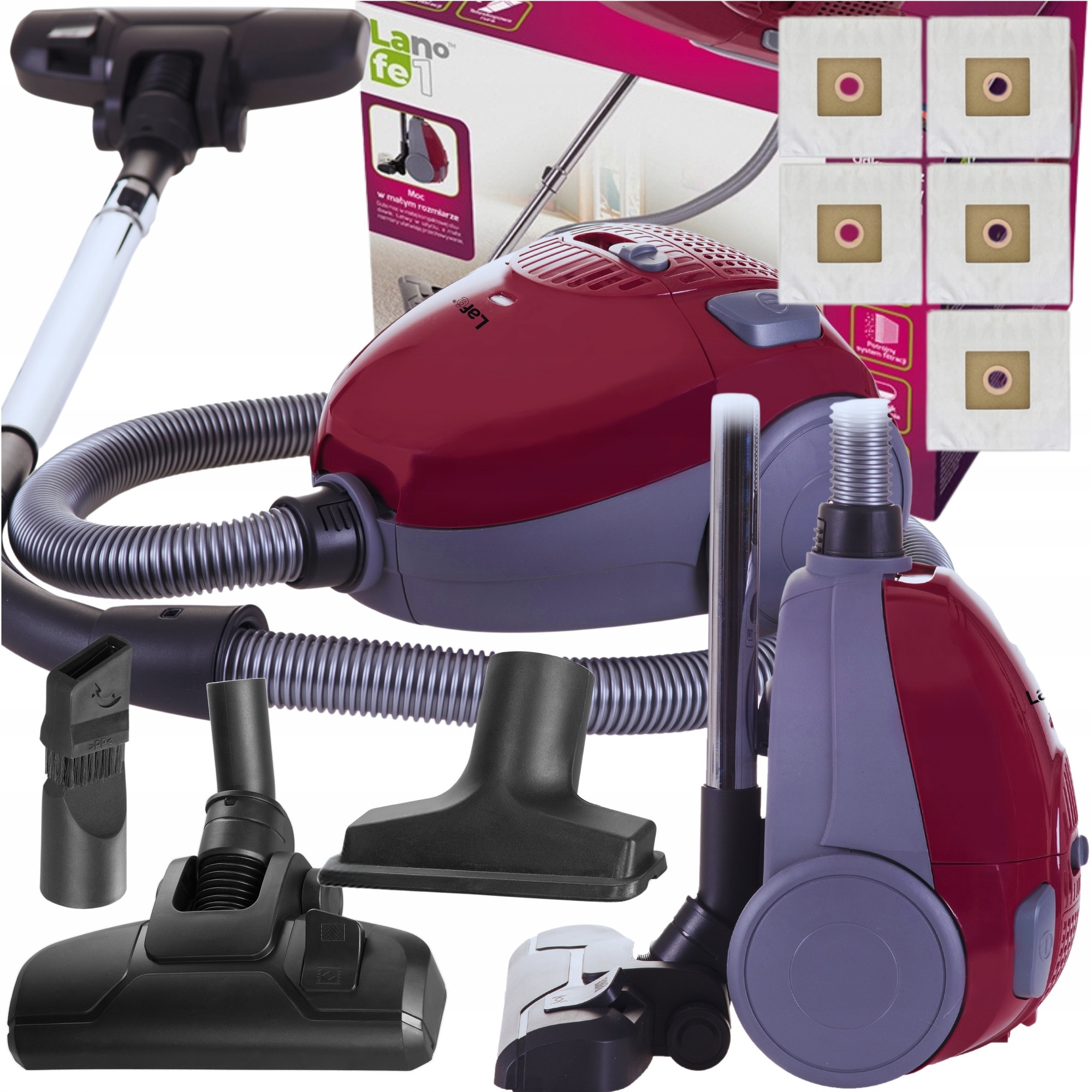 Aspirator cu sac, Lafe, OWJ001, 800W, 5 saci, rosu, raza de actiune Rosu
