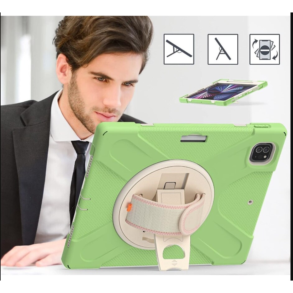 Husa de Protectie iPad Air 11/ Air5, Antisoc, Suport 360°, Suport SmartPEN, Carcasa Robusta, Stand Rotativ, Copii & Adulti, Verde fistic