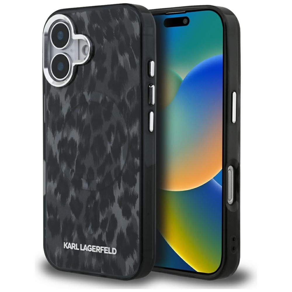 Carcasa Karl Lagerfeld IML Leopard Pattern cu MagSafe compatibila cu iPhone 16, Negru