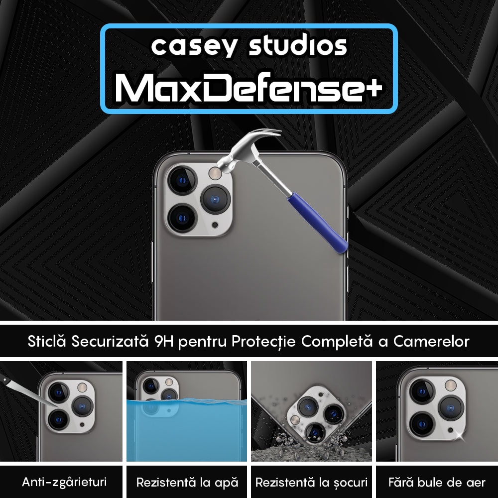 Set 2x Folie Sticla Camera compatibil cu iPhone 11 Pro Max / 11 Pro, CASEY STUDIOS™ MaxDefense+, Protectie Securizata, Duritate 9H, Full Cover, Anti Zgarieturi, Ultra HD, Protectie Profesionala Camere 3D, Anti Zgarieturi, Anti Socuri
