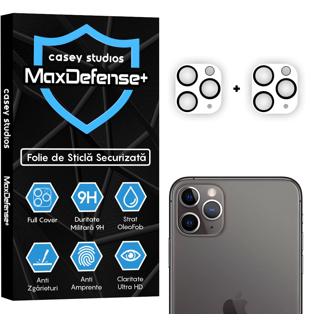 Set 2x Folie Sticla Camera compatibil cu iPhone 11 Pro Max / 11 Pro, CASEY STUDIOS™ MaxDefense+, Protectie Securizata, Duritate 9H, Full Cover, Anti Zgarieturi, Ultra HD, Protectie Profesionala Camere 3D, Anti Zgarieturi, Anti Socuri