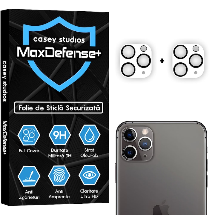 Set 2x Folie Sticla Camera compatibil cu iPhone 11 Pro Max / 11 Pro, CASEY STUDIOS™ MaxDefense+, Protectie Securizata, Duritate 9H, Full Cover, Anti Zgarieturi, Ultra HD, Protectie Profesionala Camere 3D, Anti Zgarieturi, Anti Socuri