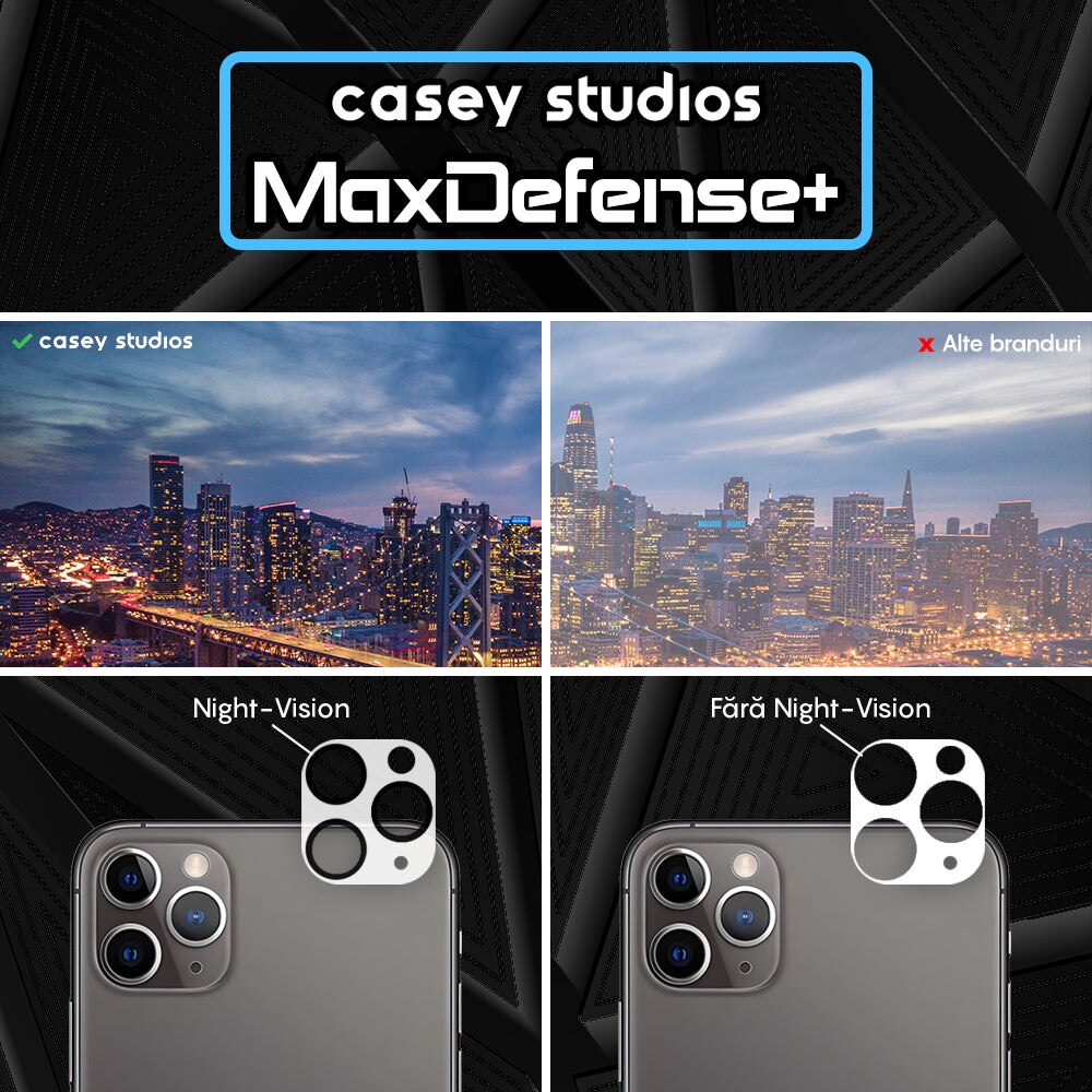 Set 2x Folie Sticla Camera compatibil cu iPhone 11 Pro Max / 11 Pro, CASEY STUDIOS™ MaxDefense+, Protectie Securizata, Duritate 9H, Full Cover, Anti Zgarieturi, Ultra HD, Protectie Profesionala Camere 3D, Anti Zgarieturi, Anti Socuri