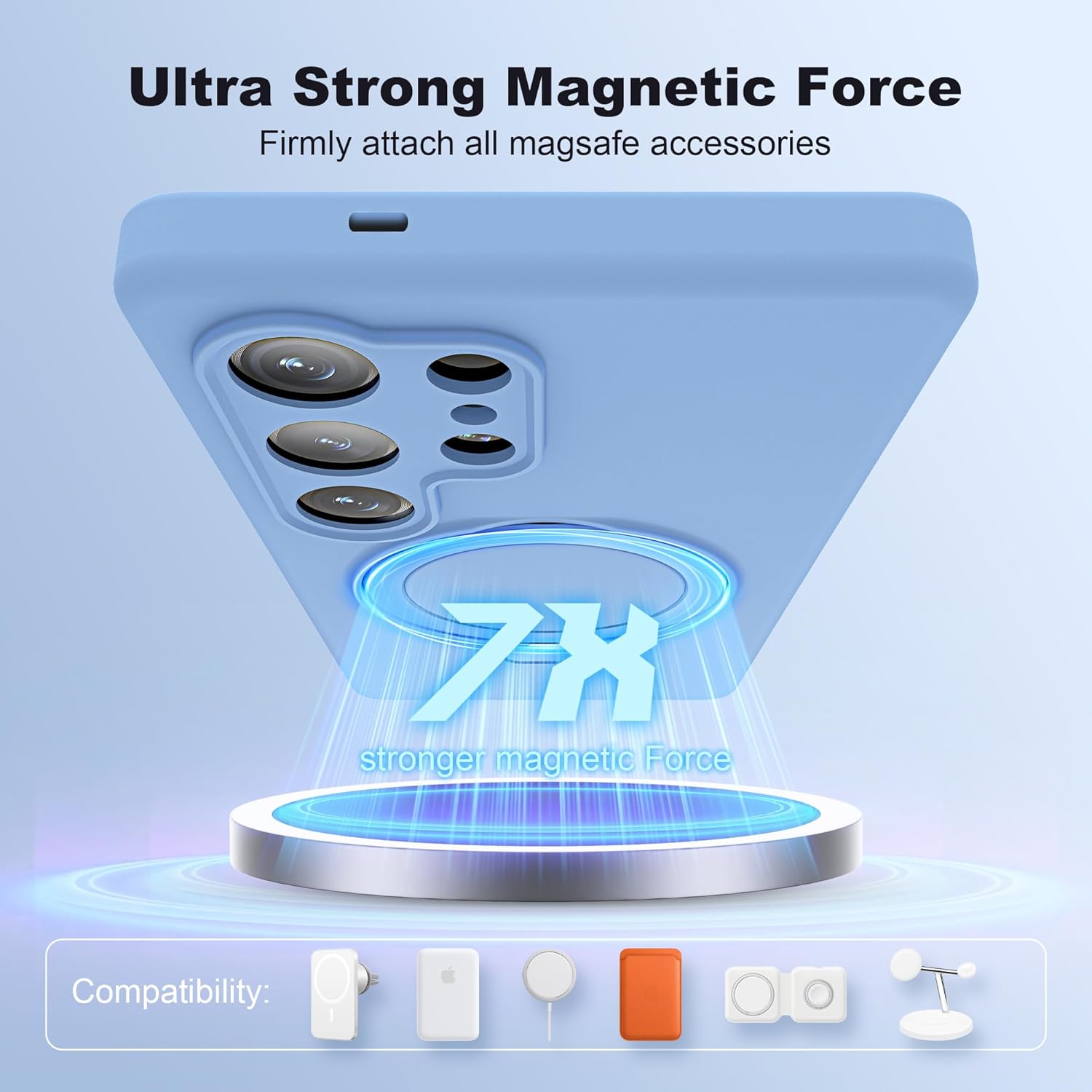 Husa telefon pentru Samsung Galaxy S25 Ultra, silicon moale, suport magnetic, protectie militara, ultra-subtire, Albastru deschis