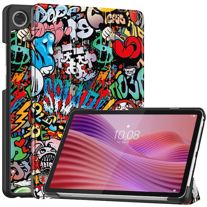 Etui pentru tableta, Smartcase, Graffiti, pentru Lenovo Tab One, protectie solida, suport pliabil, 8,7"