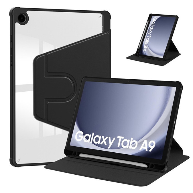 Husa tableta, pentru Samsung Galaxy Tab A9, Casa de protectie pentru tablete cu slot pentru stilou, acrilic 360 ° design rotativ, trezire automata / somn, Negru transparent