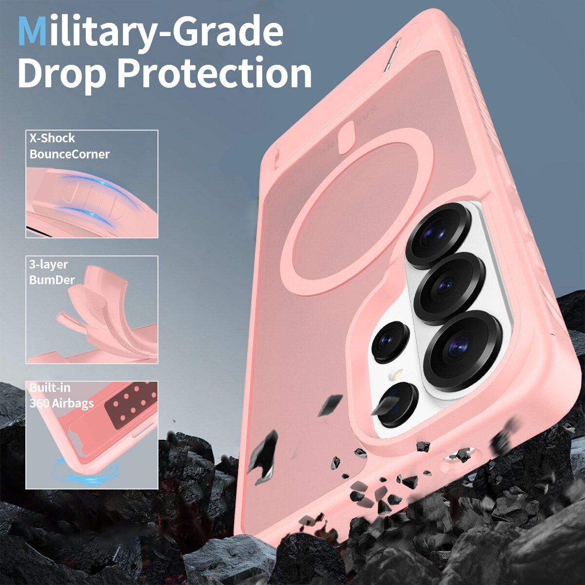 Husa de protecție pentru Samsung Galaxy S26 Ultra, suport ajustabil, protecție de nivel militar, roz deschis