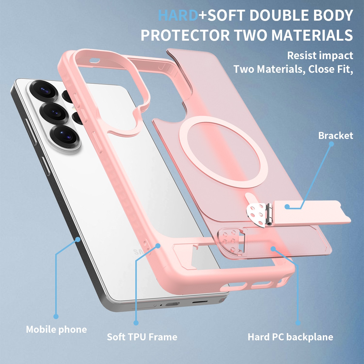 Husa de protecție pentru Samsung Galaxy S26 Ultra, suport ajustabil, protecție de nivel militar, roz deschis