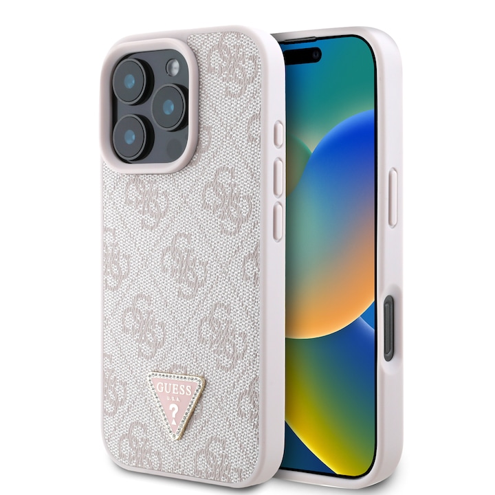 Husa de protectie Guess PU 4G Strass Triangle Metal Logo pentru iPhone 16 Pro Max, Roz