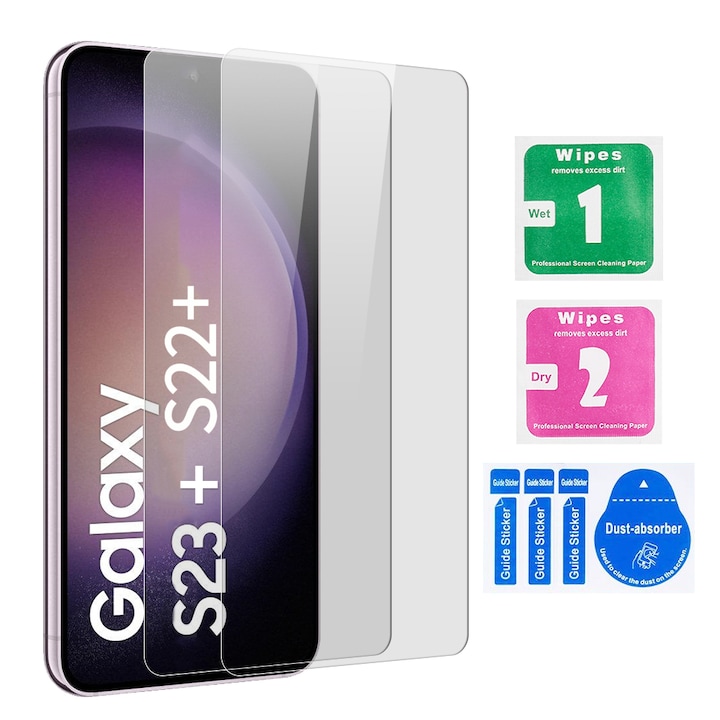Folie Sticla Securizata pentru Samsung Galaxy S23+ /S22+ [2 Bucati], Protectie Ecran Anti-Zgarieturi [6.6 Inch], cu Servetele de Unica Folosinta