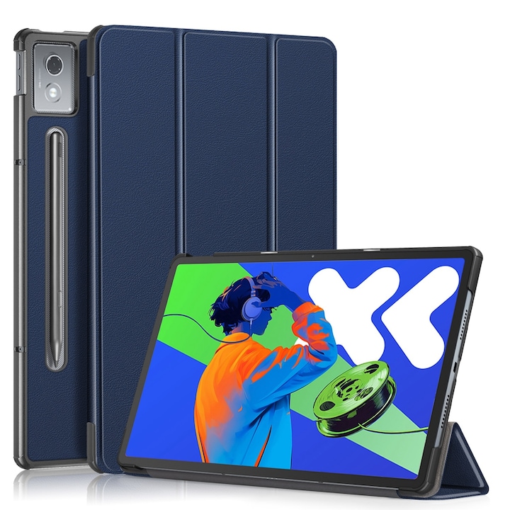 Husa tableta pentru Lenovo Tab P12 12.7, piele pura, design cu 3 plieri, capac inteligent, albastru inchis