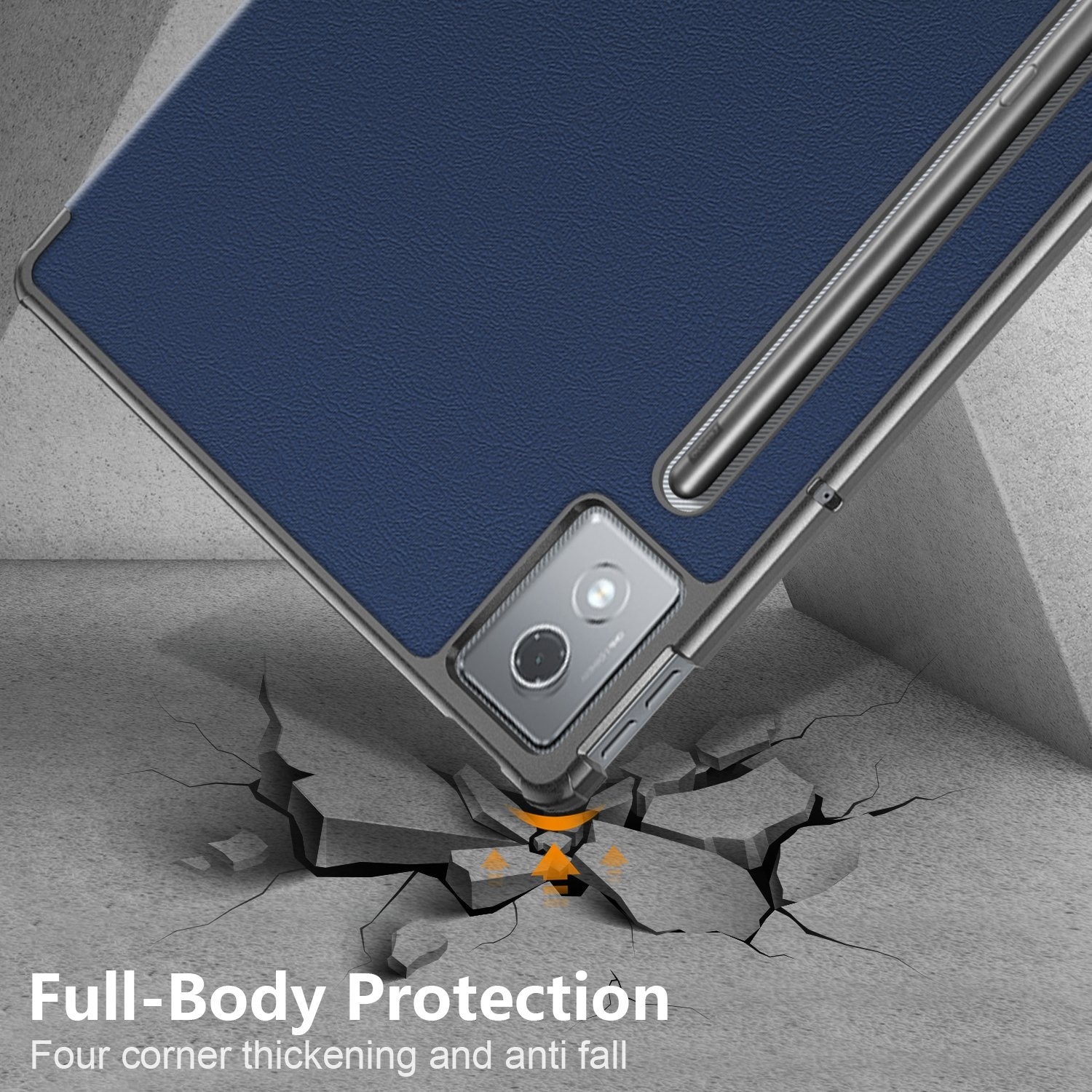 Husa tableta pentru Lenovo Tab P12 12.7, piele pura, design cu 3 plieri, capac inteligent, albastru inchis