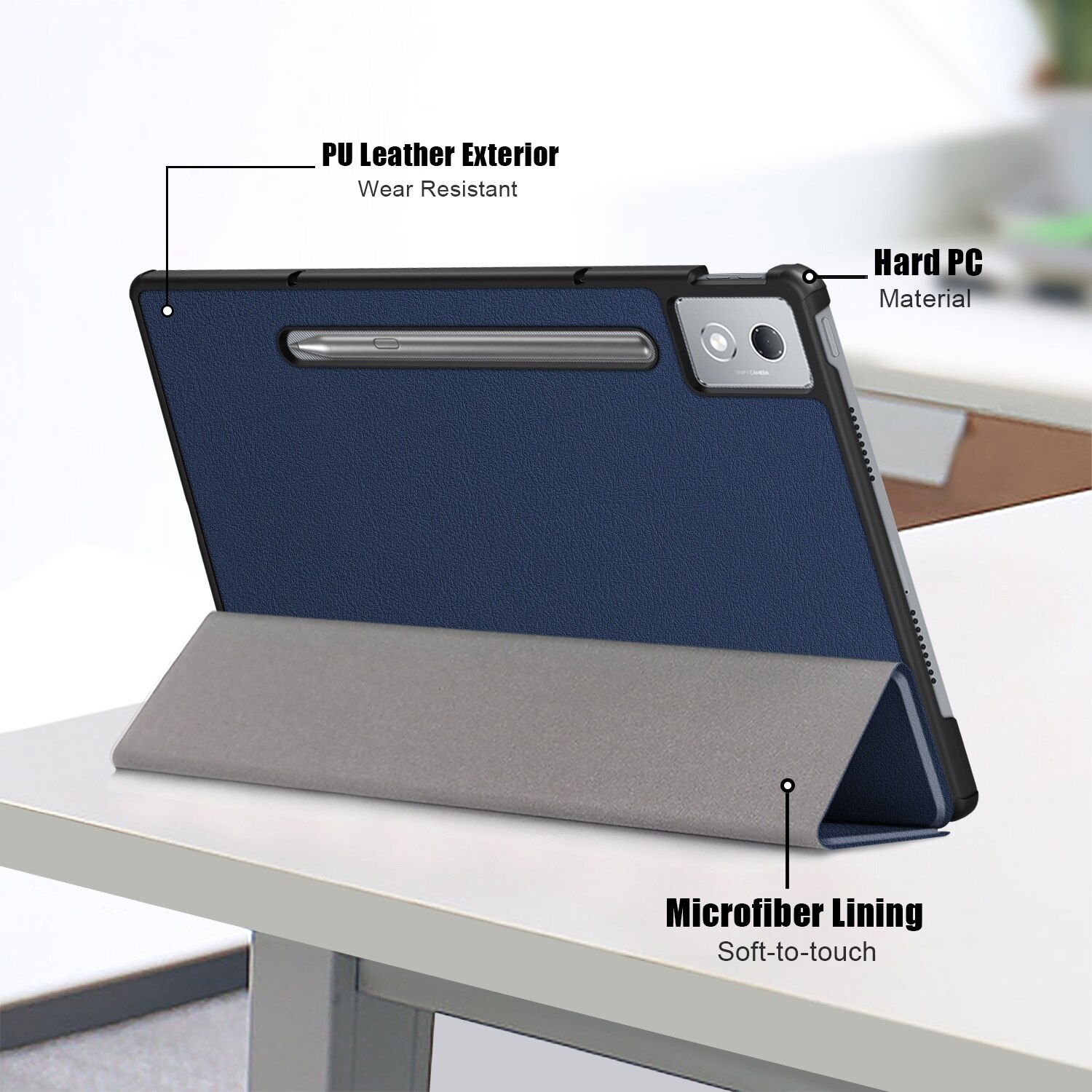 Husa tableta pentru Lenovo Tab P12 12.7, piele pura, design cu 3 plieri, capac inteligent, albastru inchis