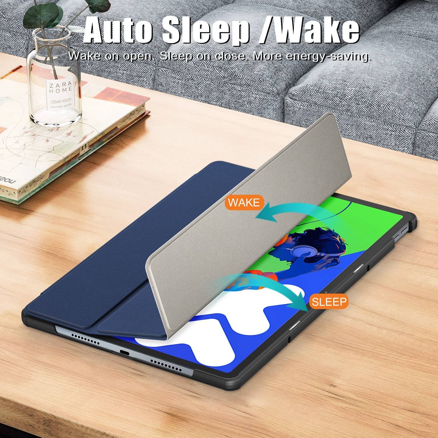 Husa tableta pentru Lenovo Tab P12 12.7, piele pura, design cu 3 plieri, capac inteligent, albastru inchis