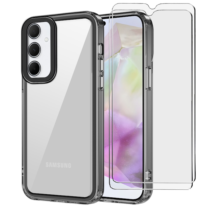Husa pentru Samsung Galaxy A35, Husa telefon rezistenta la socuri si 2 folie securizata, Negru