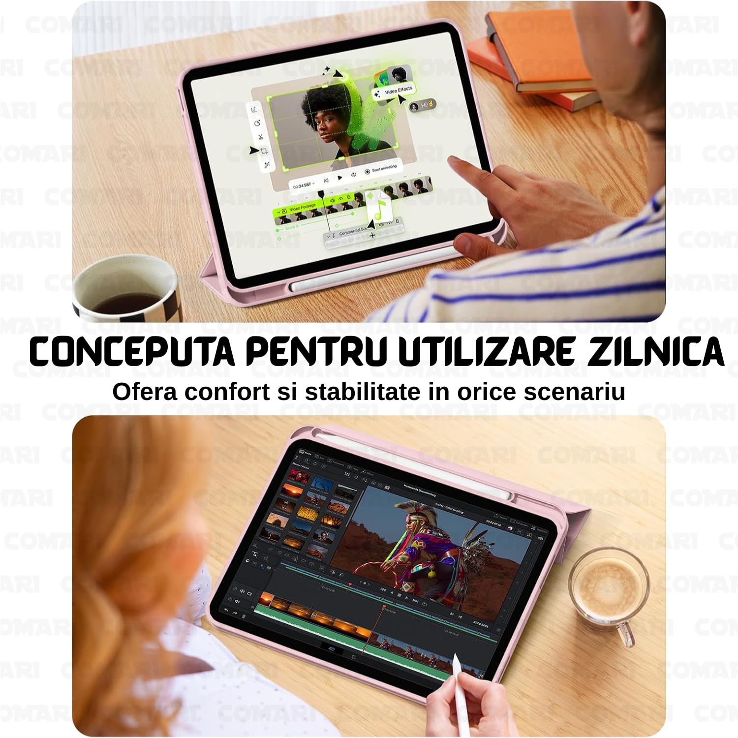 Husa pentru iPad Air 11 (2024) / Air 11 (2025) Comari® EliteCover, protectie completa, functie stand trifold, suport stylus integrat, design elegant tip carte, Roz