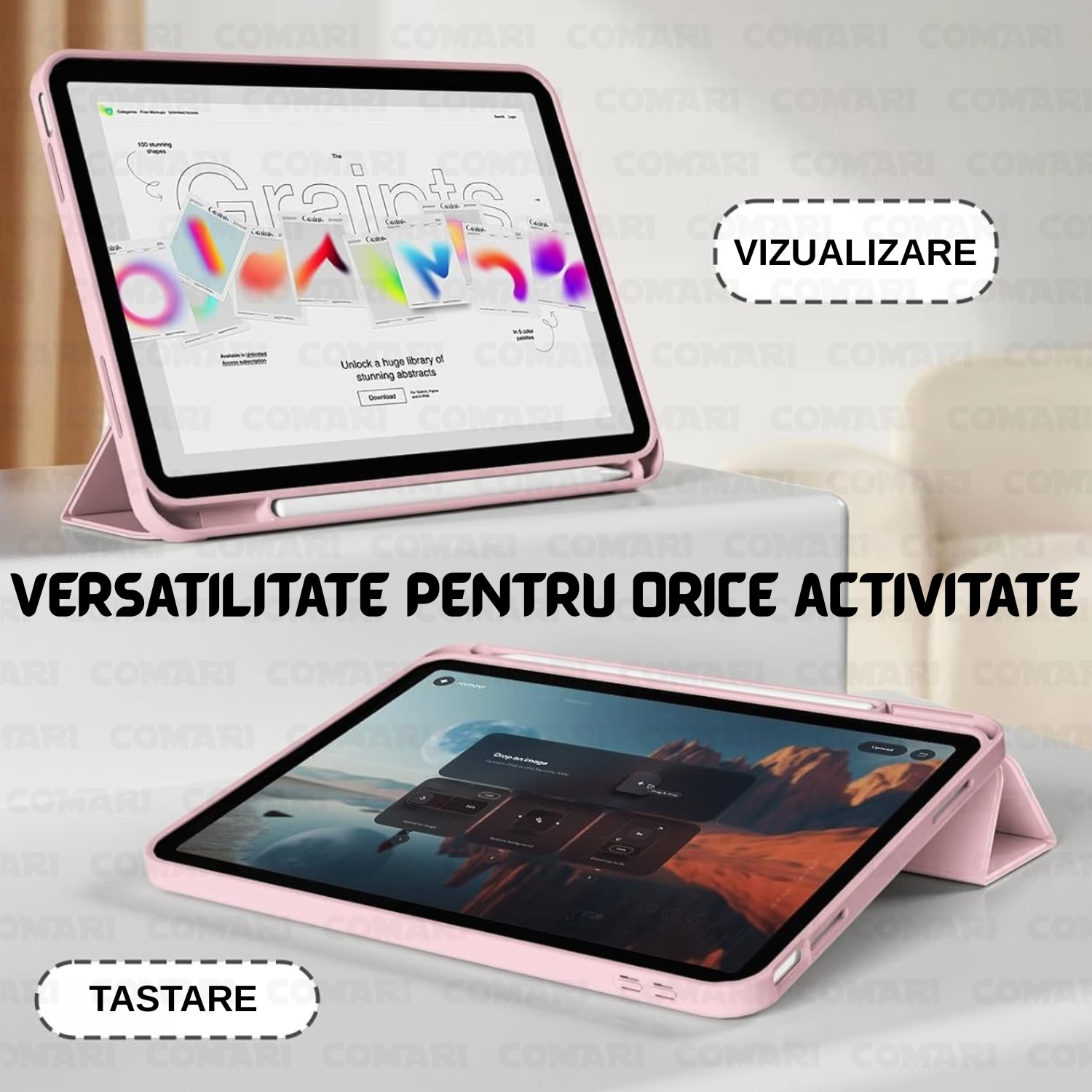 Husa pentru iPad Air 11 (2024) / Air 11 (2025) Comari® EliteCover, protectie completa, functie stand trifold, suport stylus integrat, design elegant tip carte, Roz