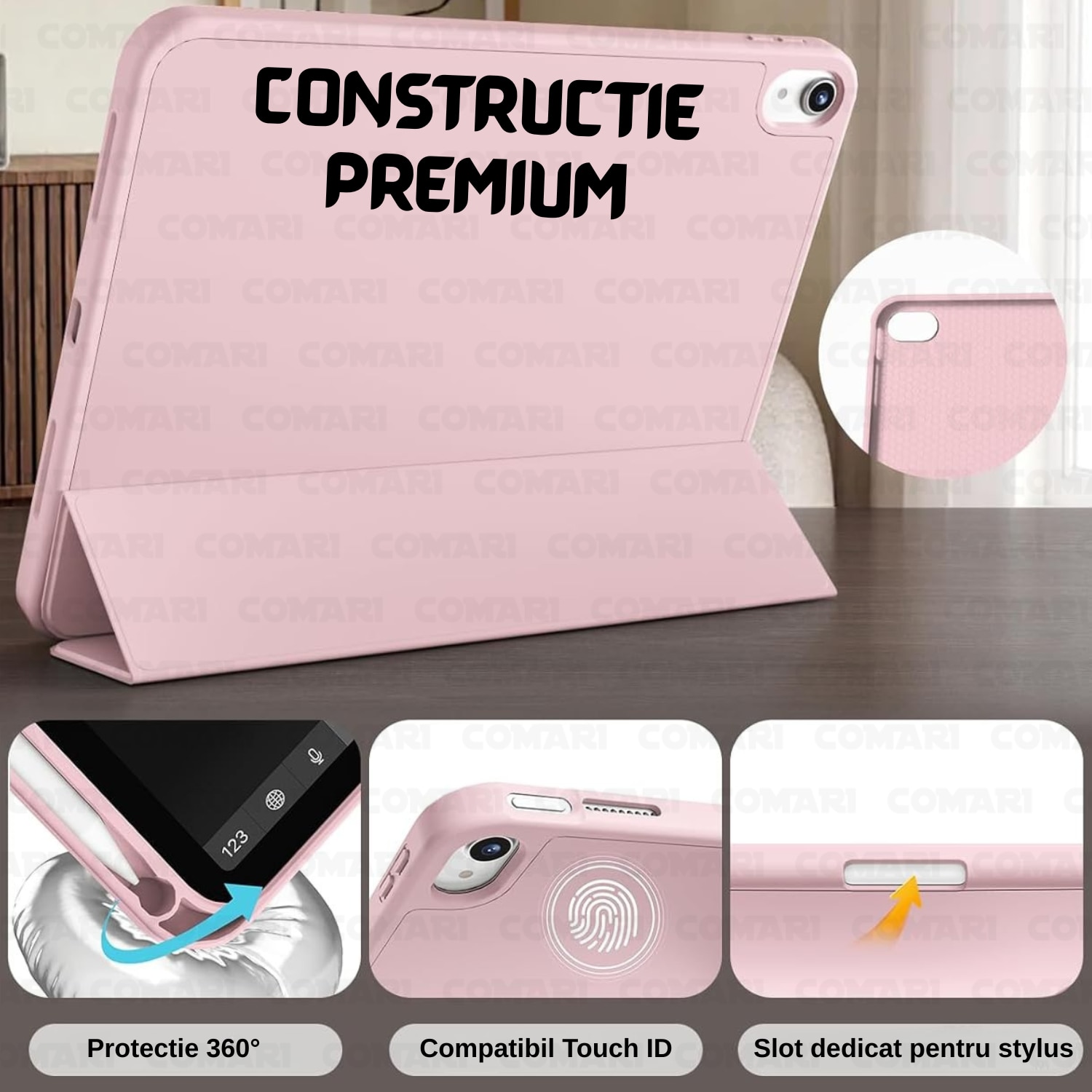 Husa pentru iPad Air 11 (2024) / Air 11 (2025) Comari® EliteCover, protectie completa, functie stand trifold, suport stylus integrat, design elegant tip carte, Roz