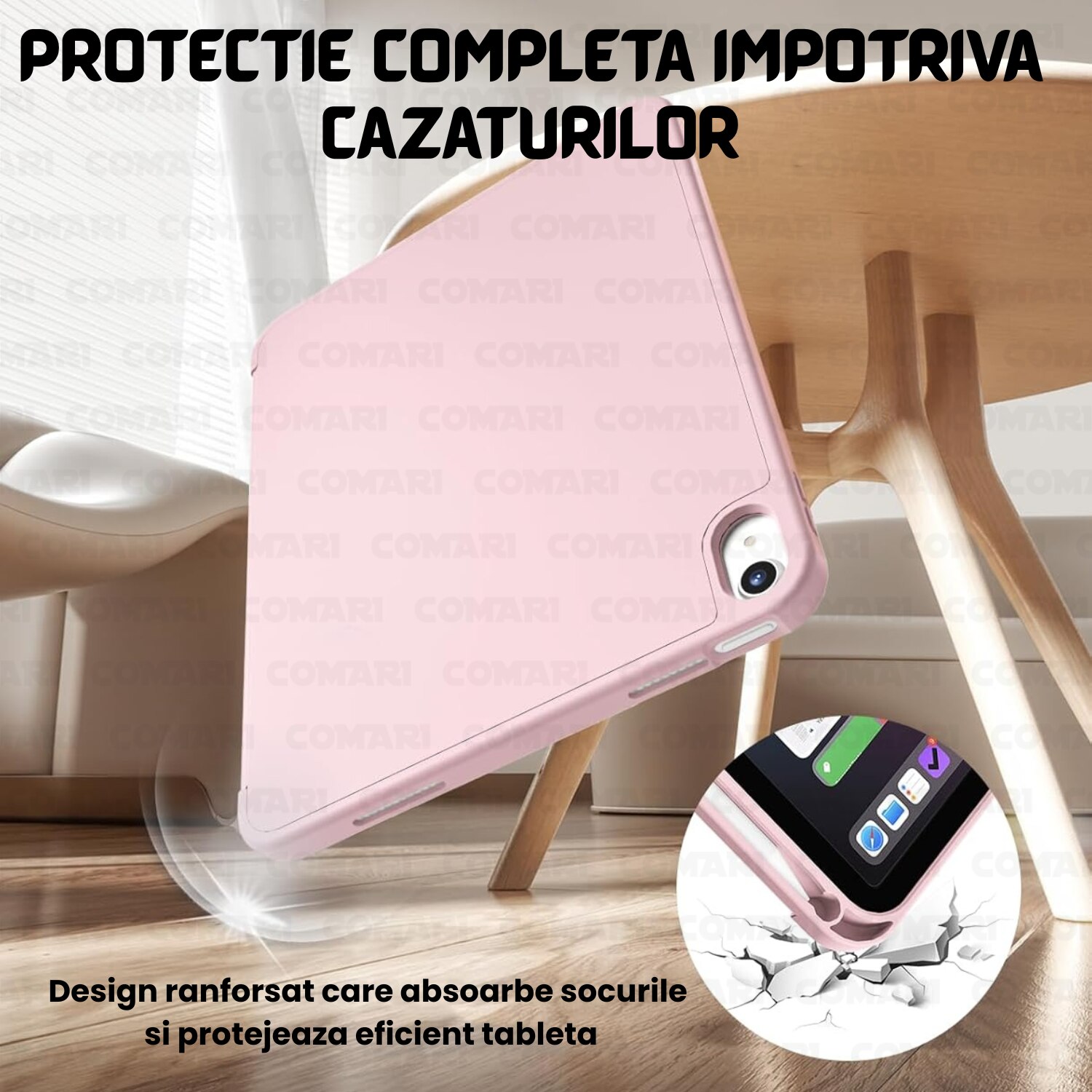 Husa pentru iPad Air 11 (2024) / Air 11 (2025) Comari® EliteCover, protectie completa, functie stand trifold, suport stylus integrat, design elegant tip carte, Roz