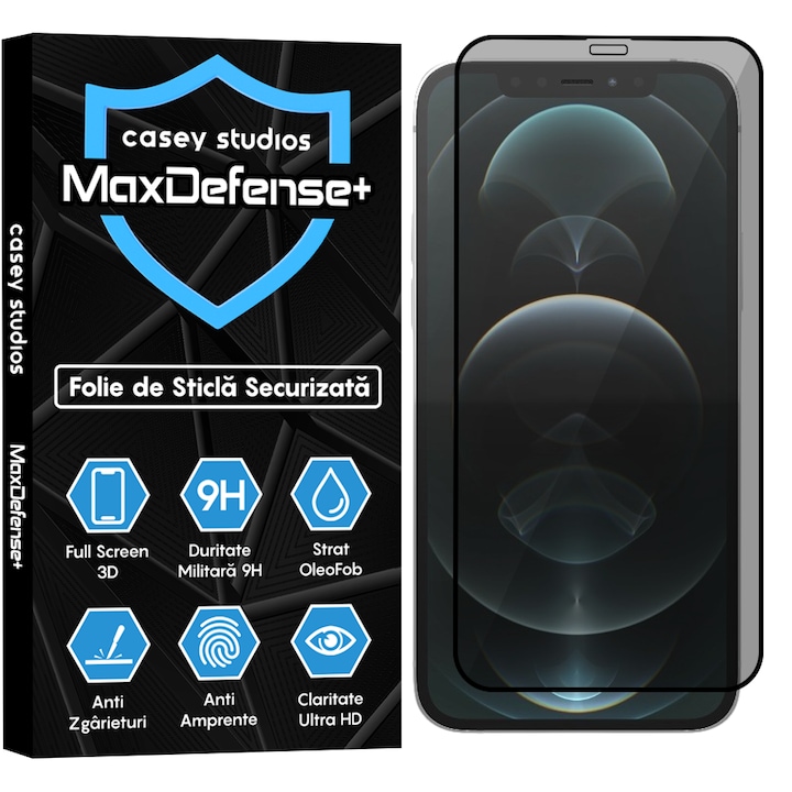 Folie Sticla Privacy CASEY STUDIOS™ compatibila cu iPhone 12 / 12 Pro, MaxDefense+ Privacy, Full Cover 3D, Sticla Securizata, Duritate Militara, Ultra HD, Protectie Profesionala Ecran 3D, Anti Zgarieturi, Anti Socuri, Negru