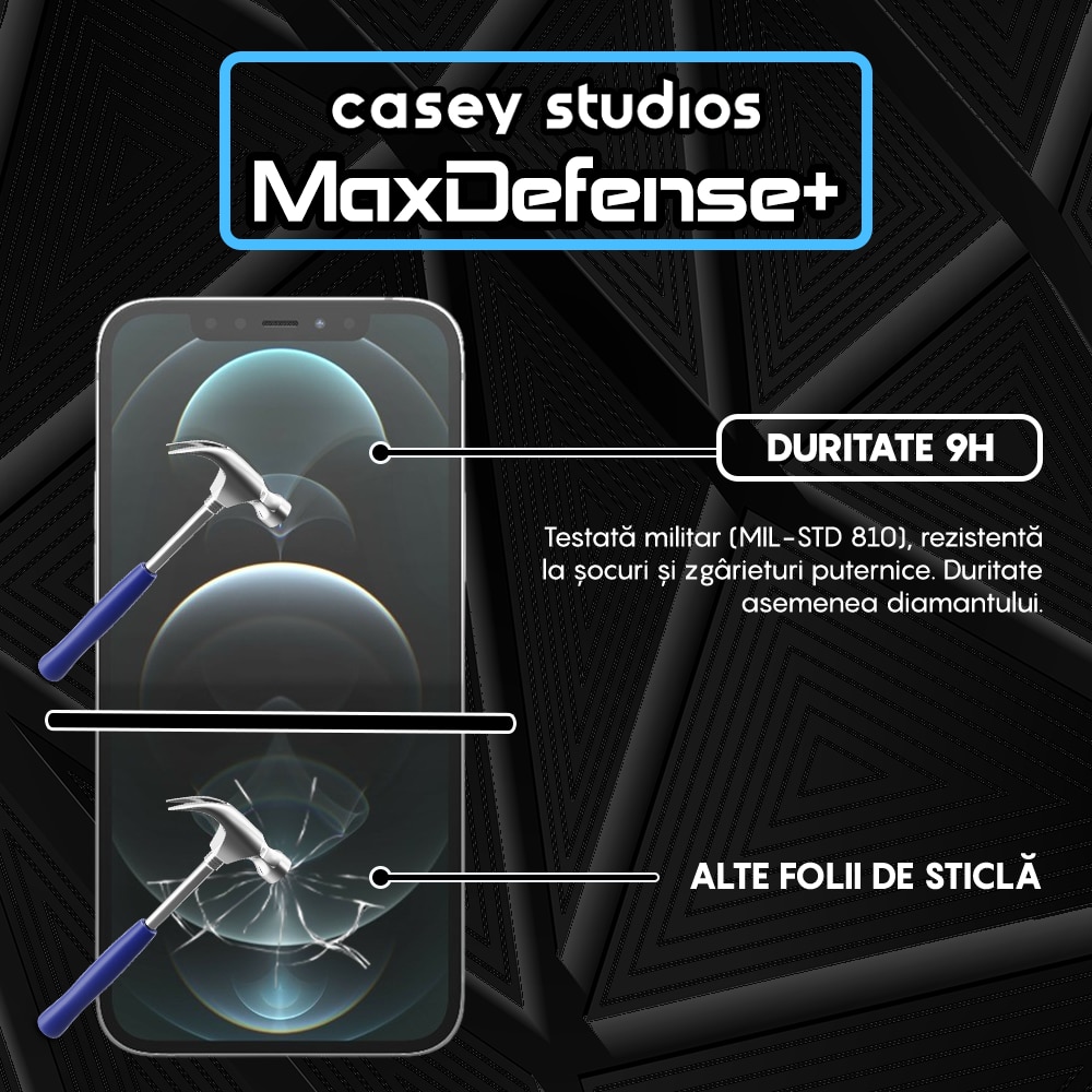Folie Sticla Privacy CASEY STUDIOS™ compatibila cu iPhone 12 / 12 Pro, MaxDefense+ Privacy, Full Cover 3D, Sticla Securizata, Duritate Militara, Ultra HD, Protectie Profesionala Ecran 3D, Anti Zgarieturi, Anti Socuri, Negru