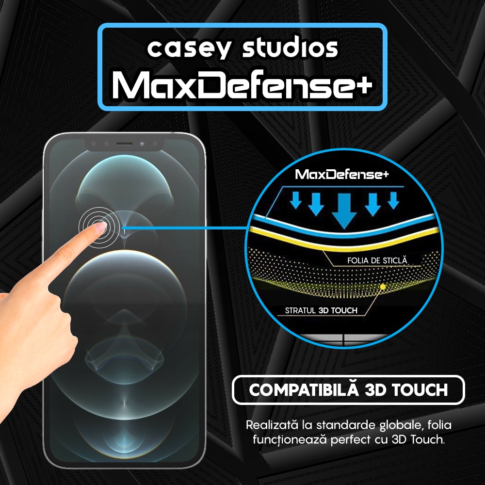 Folie Sticla Privacy CASEY STUDIOS™ compatibila cu iPhone 12 / 12 Pro, MaxDefense+ Privacy, Full Cover 3D, Sticla Securizata, Duritate Militara, Ultra HD, Protectie Profesionala Ecran 3D, Anti Zgarieturi, Anti Socuri, Negru