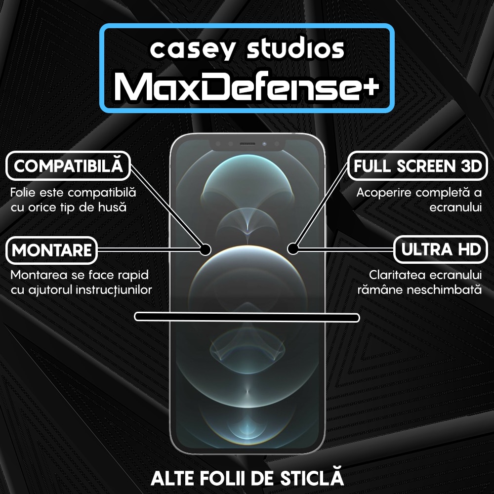 Folie Sticla Privacy CASEY STUDIOS™ compatibila cu iPhone 12 / 12 Pro, MaxDefense+ Privacy, Full Cover 3D, Sticla Securizata, Duritate Militara, Ultra HD, Protectie Profesionala Ecran 3D, Anti Zgarieturi, Anti Socuri, Negru