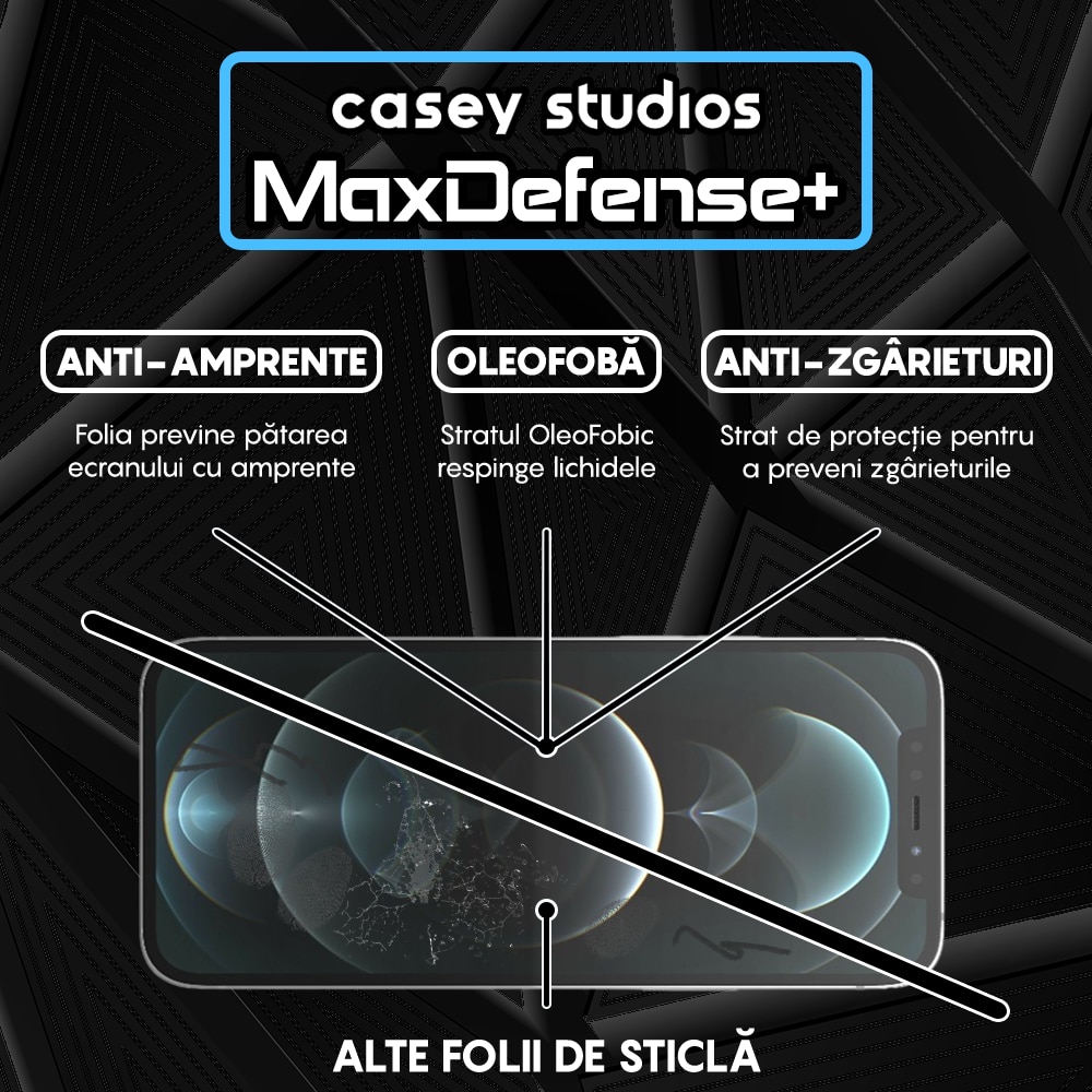 Folie Sticla Privacy CASEY STUDIOS™ compatibila cu iPhone 12 / 12 Pro, MaxDefense+ Privacy, Full Cover 3D, Sticla Securizata, Duritate Militara, Ultra HD, Protectie Profesionala Ecran 3D, Anti Zgarieturi, Anti Socuri, Negru