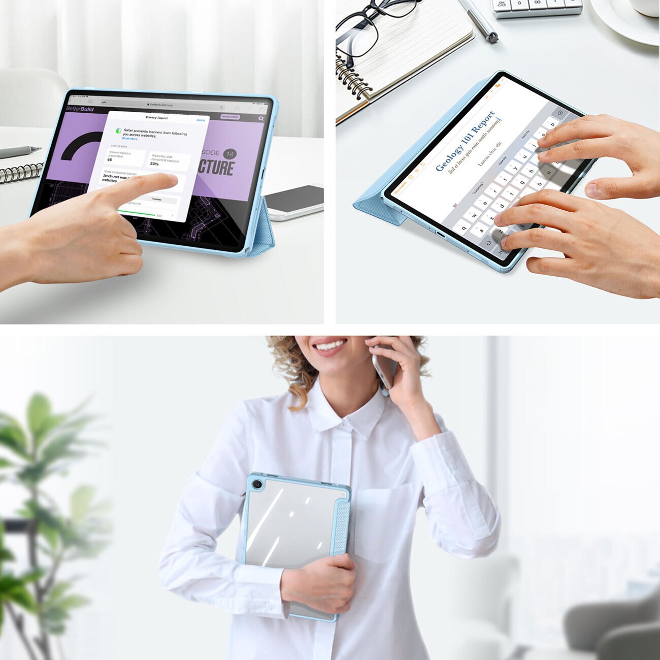 Husa premium pentru Samsung Galaxy Tab A8 (X200/X205), 10.5", Sigloo, interior de piele sintetica, suport Smart Pen, spatele din policarbonat transparent, rezistent la socuri, Blue