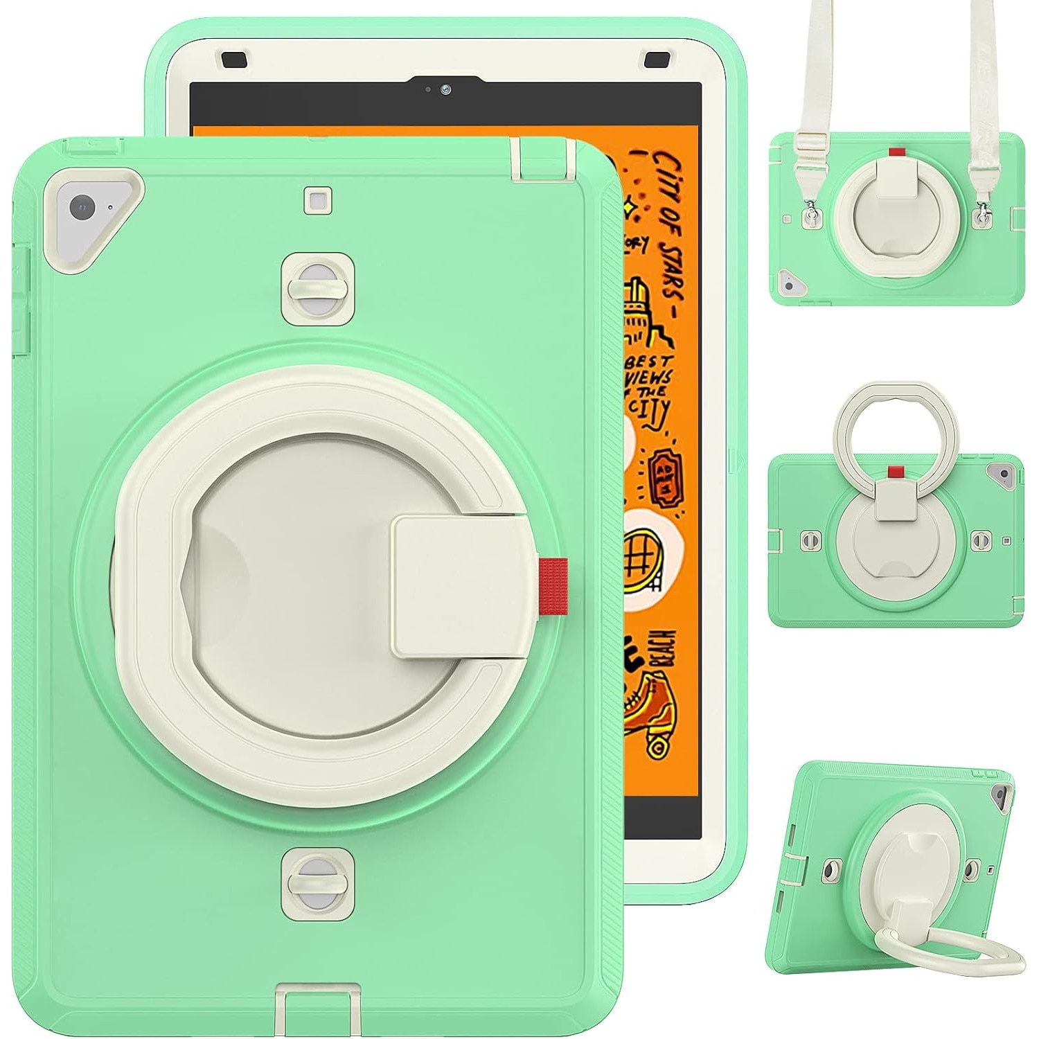 Pachet 360 Sigloo pentru iPad Mini 4/5 (2015/2019), 7.9" – Husa Shockproof Armor cu folie inclusa, curea de umar si suport rotativ, Verde