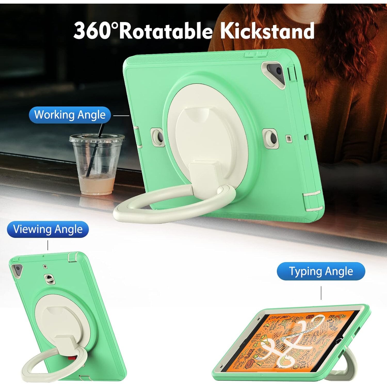 Pachet 360 Sigloo pentru iPad Mini 4/5 (2015/2019), 7.9" – Husa Shockproof Armor cu folie inclusa, curea de umar si suport rotativ, Verde