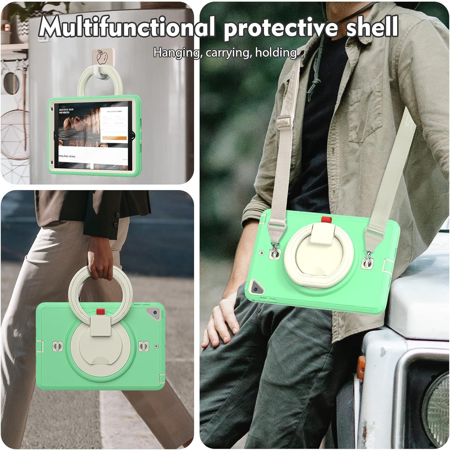 Pachet 360 Sigloo pentru iPad Mini 4/5 (2015/2019), 7.9" – Husa Shockproof Armor cu folie inclusa, curea de umar si suport rotativ, Verde