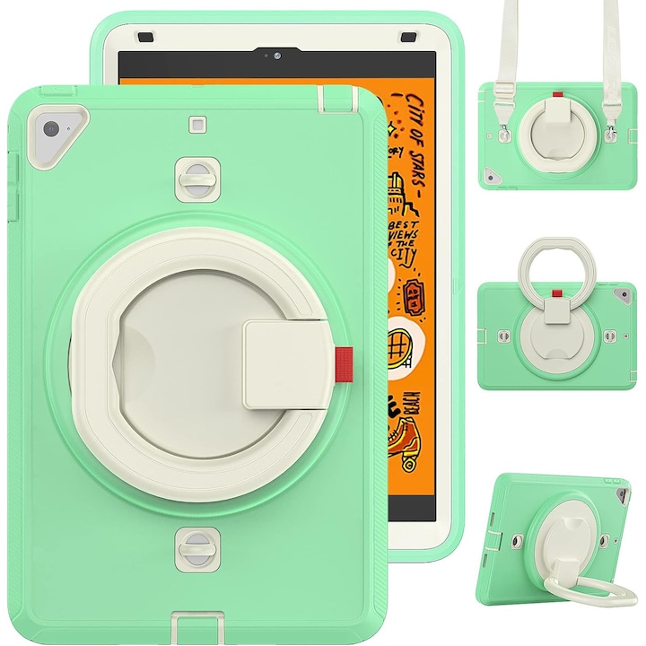 Pachet 360 Sigloo pentru iPad Mini 4/5 (2015/2019), 7.9" – Husa Shockproof Armor cu folie inclusa, curea de umar si suport rotativ, Verde