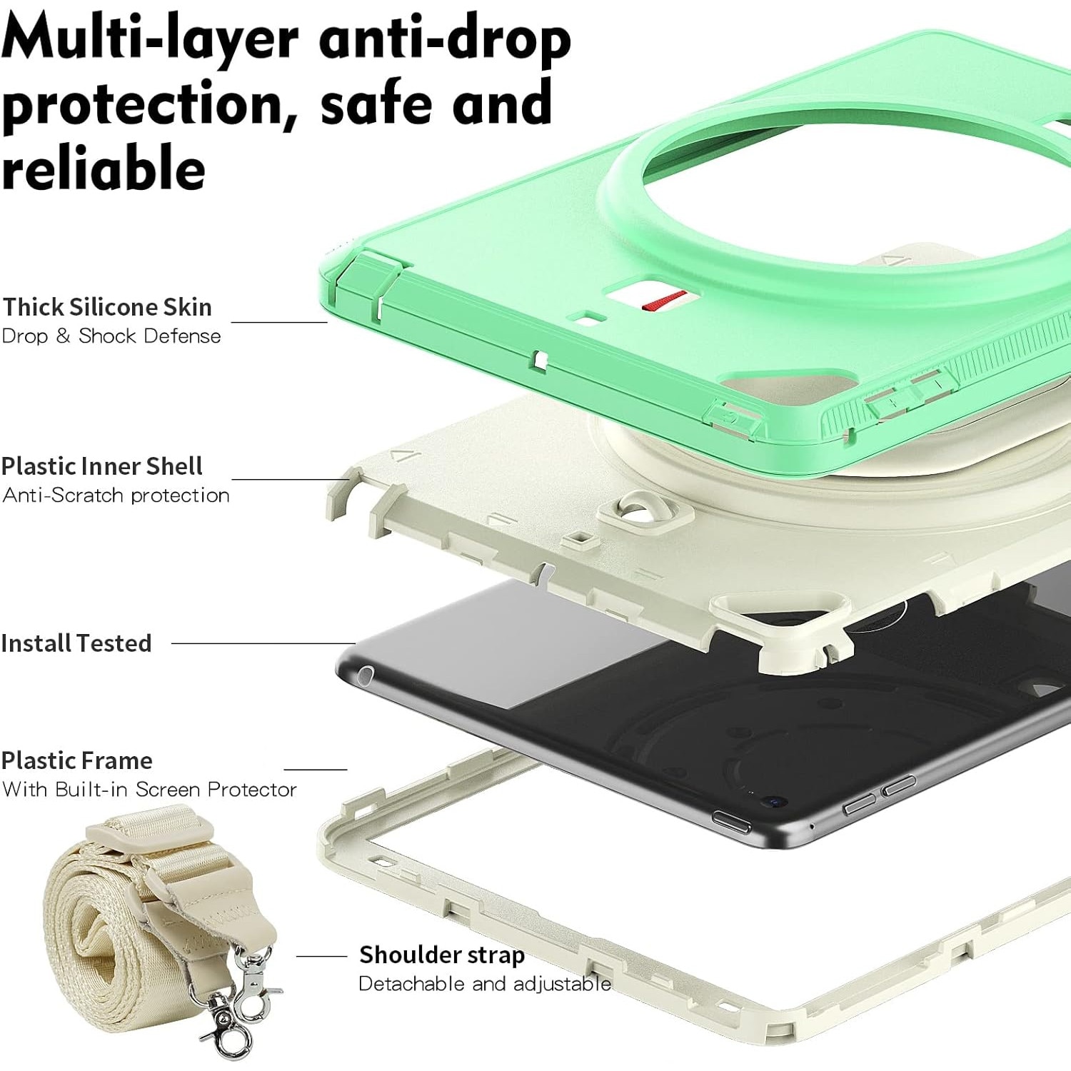 Pachet 360 Sigloo pentru iPad Mini 4/5 (2015/2019), 7.9" – Husa Shockproof Armor cu folie inclusa, curea de umar si suport rotativ, Verde