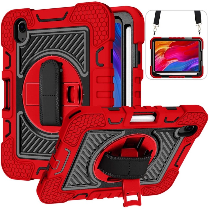 Husa premium Sigloo pentru Apple iPad Mini 7/6 (2024/2021), 8.3", Protectie Completa, Suport Creion, Stand built in, Curea Umar, Anti-Soc, Rosu